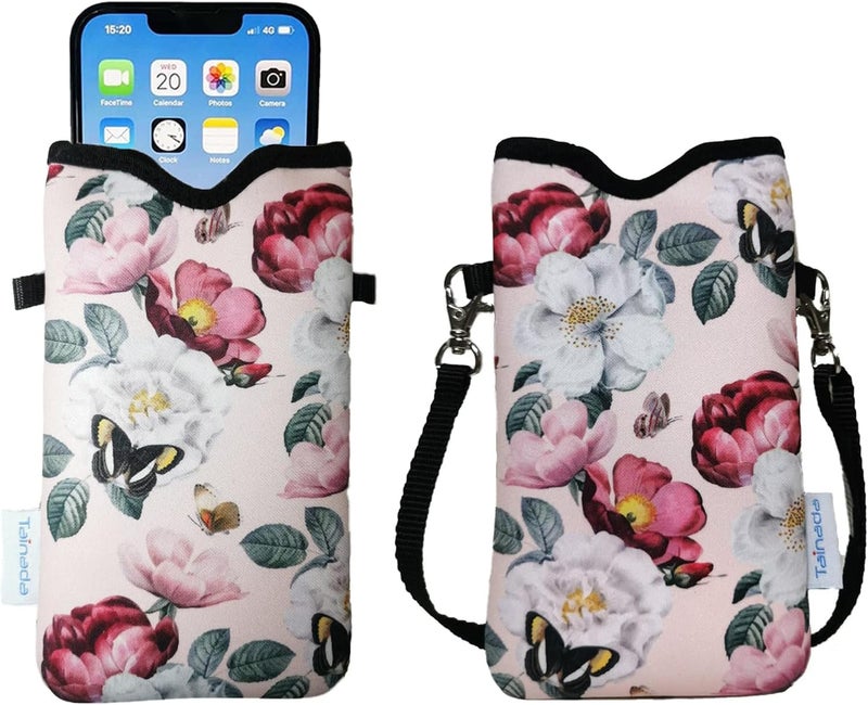 Tainada Women Neoprene Cell Phone Sleeve Pouch Case Bag w/Crossbody Strap/Neck Lanyard for iPhone 17/16/15 Pro Max, Air, 16/15 Plus, 16e; Samsung S25, S24, A56, Google Pixel 10, 9a (Pink Floral) - Image 1